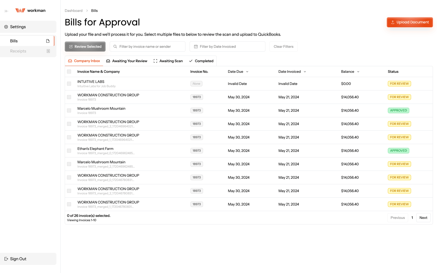 Workman Platform 'For Approval' Dashboard